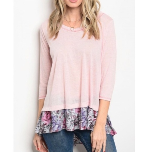 Oddy Pink Slub Knot Top with Floral Ruffle Hem - Picture 1 of 6